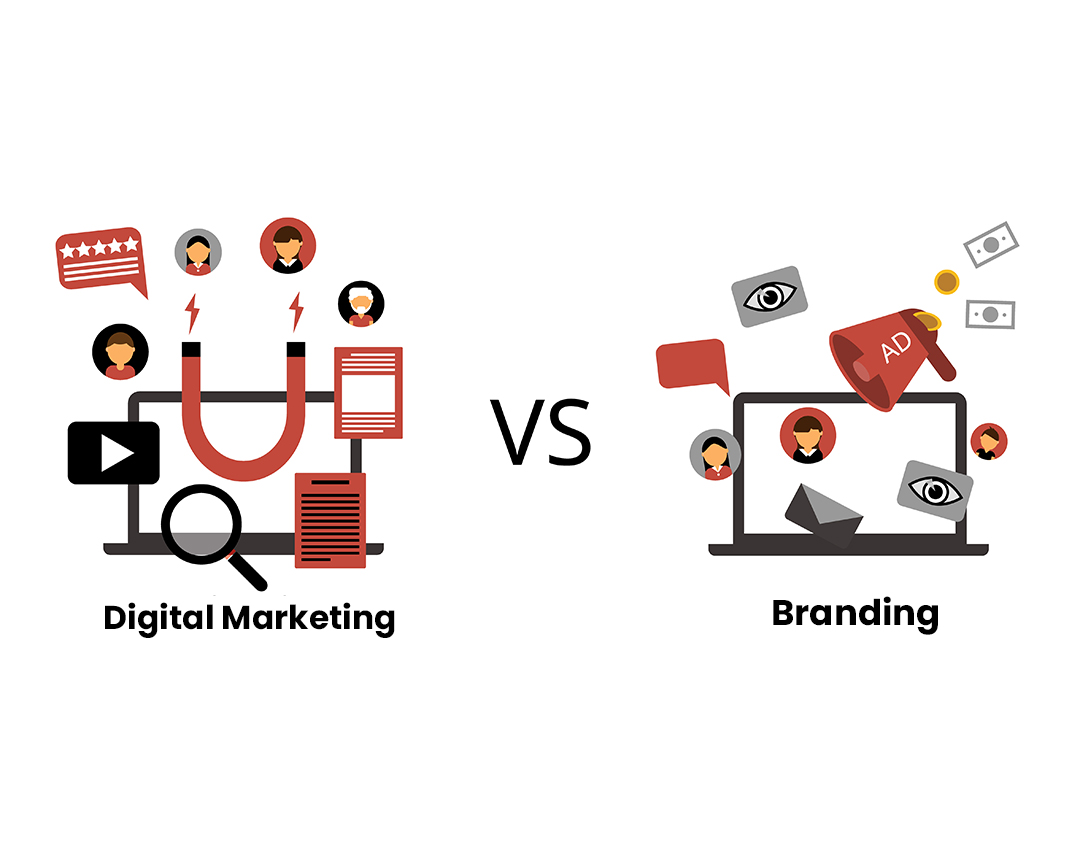 Illustration comparing digital marketing tactics with branding elements like logo, tone, and identity